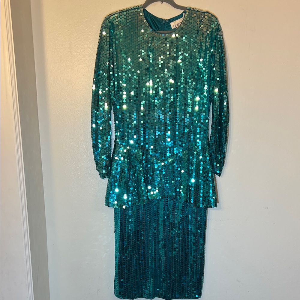 80s Vintage Teal Sequin Long Sleeve MIDI Dress with Peplum Large